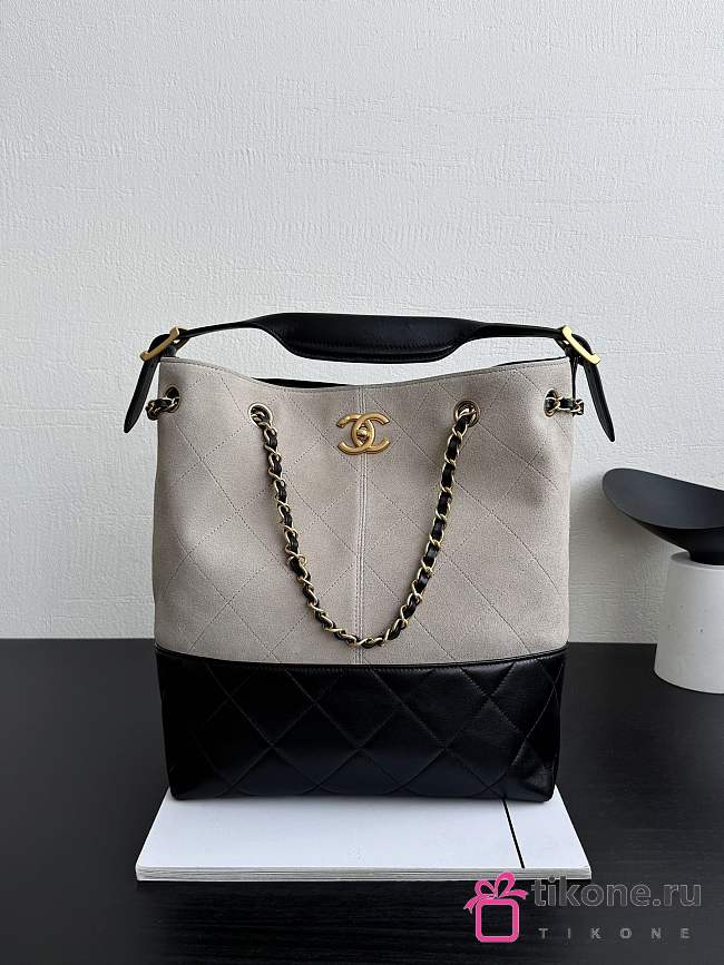 Chanel Shopping Bag Suede Calfskin Shiny Lambskin & Gold-Tone Metal Gray & Black - 39x33.5x16cm - 1