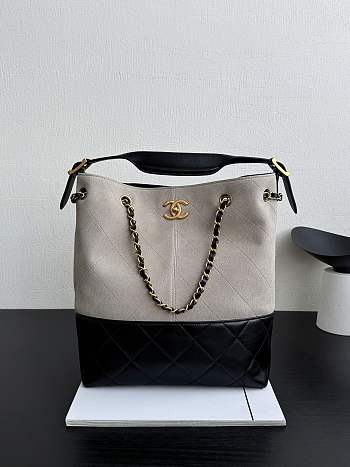 Chanel Shopping Bag Suede Calfskin Shiny Lambskin & Gold-Tone Metal Gray & Black - 39x33.5x16cm
