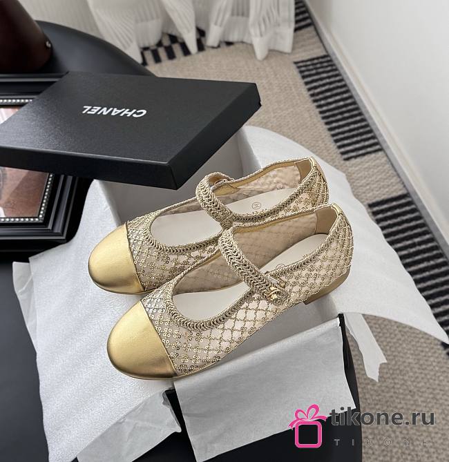 Chanel Mary Janes Mesh Sequins & Grosgrain Gold - 1