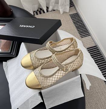 Chanel Mary Janes Mesh Sequins & Grosgrain Gold