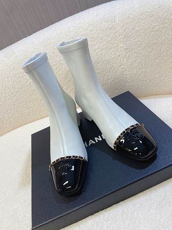 Chanel Leather Ankle Boots with Patent Cap Toe & Chain White 6.5cm