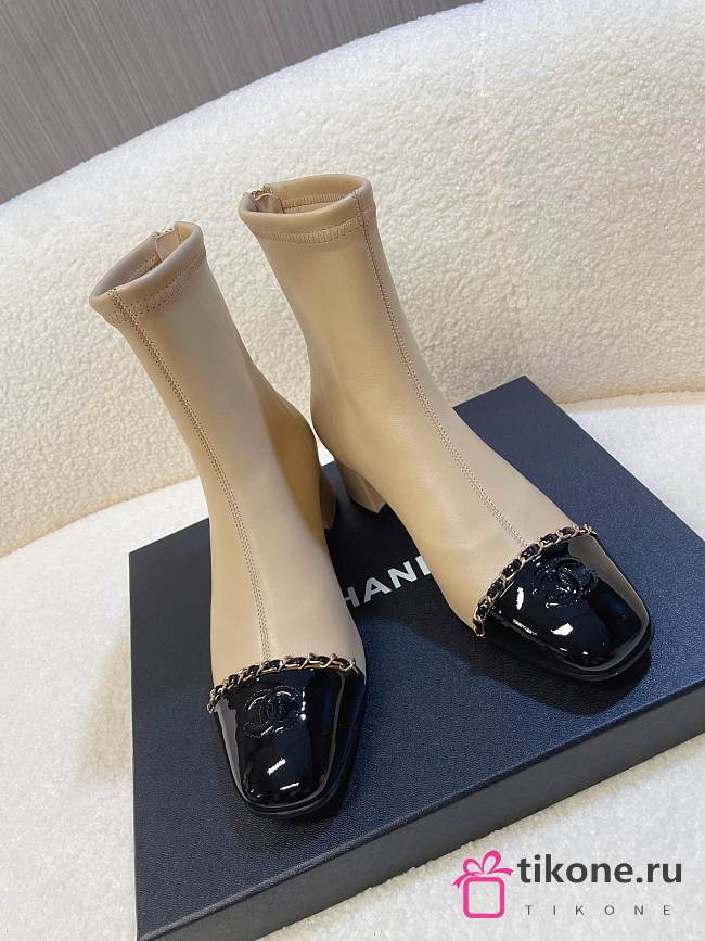 Chanel Leather Ankle Boots with Patent Cap Toe & Chain Beige 6.5cm - 1