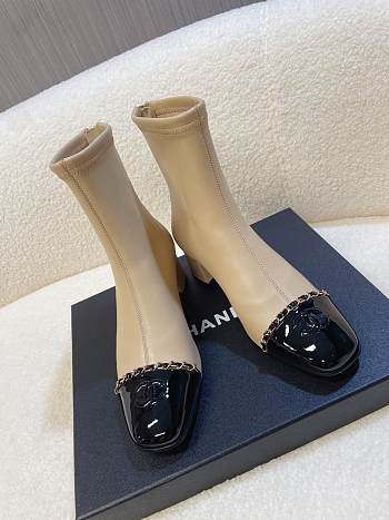 Chanel Leather Ankle Boots with Patent Cap Toe & Chain Beige 6.5cm