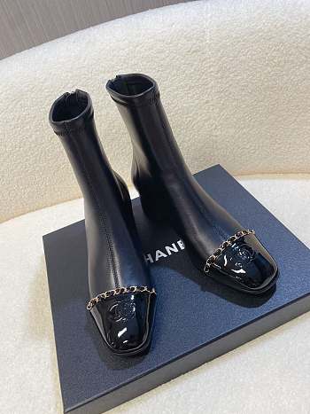 Chanel Leather Ankle Boots with Patent Cap Toe & Chain Black 6.5cm