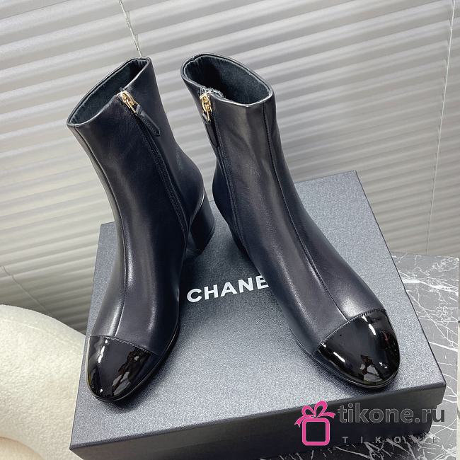 Chanel Leather Ankle Boots with Patent Cap Toe Black 6.5cm - 1