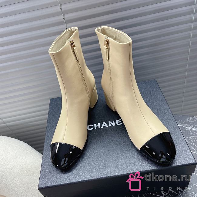 Chanel Leather Ankle Boots with Patent Cap Toe Beige 6.5cm - 1
