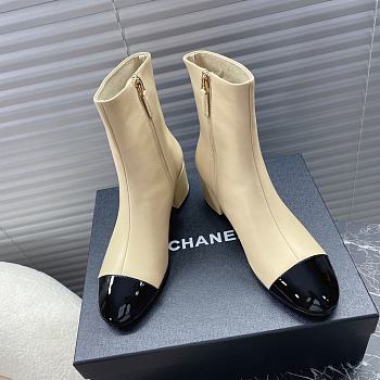 Chanel Leather Ankle Boots with Patent Cap Toe Beige 6.5cm