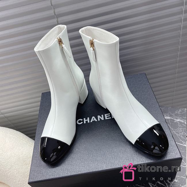 Chanel Leather Ankle Boots with Patent Cap Toe White 6.5cm - 1