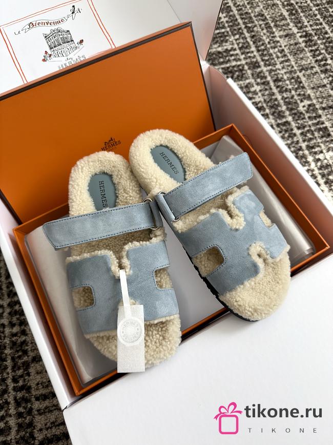 Hermes Chypre Sandal Shearling In Suede Blue  - 1
