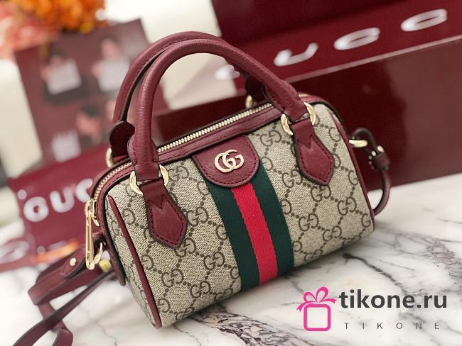 Gucci Ophidia Mini Boston Bag In Beige And Brown GG Fabric Rosso Ancora Red - 16x10x9cm - 1