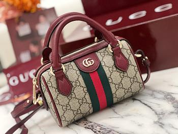 Gucci Ophidia Mini Boston Bag In Beige And Brown GG Fabric Rosso Ancora Red - 16x10x9cm