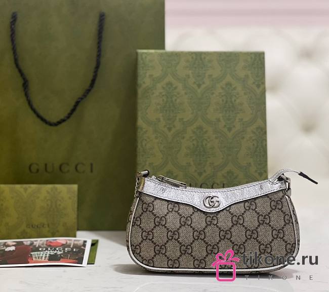 Gucci Ophidia Mini Bag In Beige And Ebony Supreme Metallic Silver - 19x10x3cm - 1