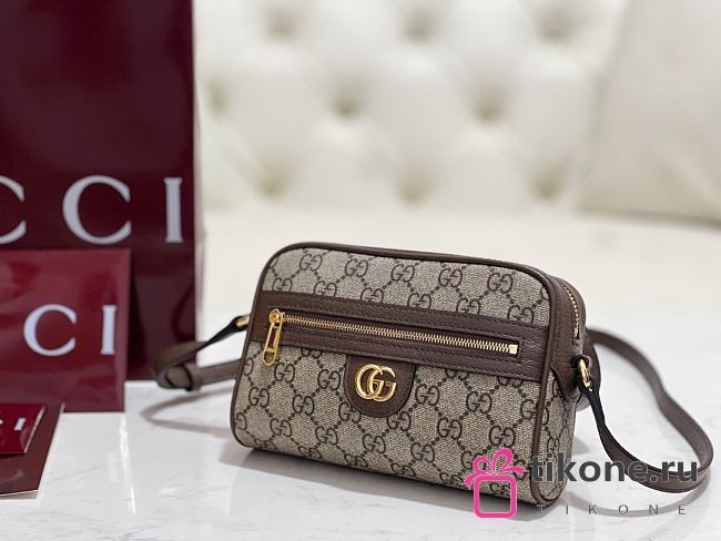 Gucci Ophidia Mini Shoulder Bag In Beige And Ebony GG Supreme - 18×14×5cm - 1