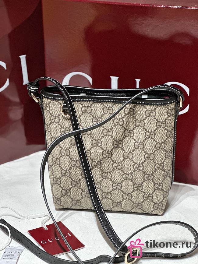 Gucci GG Emblem Nano Bucket Bag In Beige And Dark Brown Fabric Black - 15x18x8cm - 1