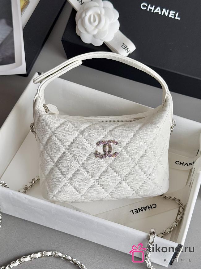 Chanel Mini Hobo Shiny Grained Calfskin Strass & Silver Tone Metal White - 21.5x19x6cm - 1