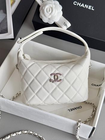 Chanel Mini Hobo Shiny Grained Calfskin Strass & Silver Tone Metal White - 21.5x19x6cm