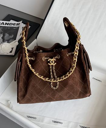 Chanel 25 Handbag Small Suede Gold Tone Metal Brown - 30x26x14cm