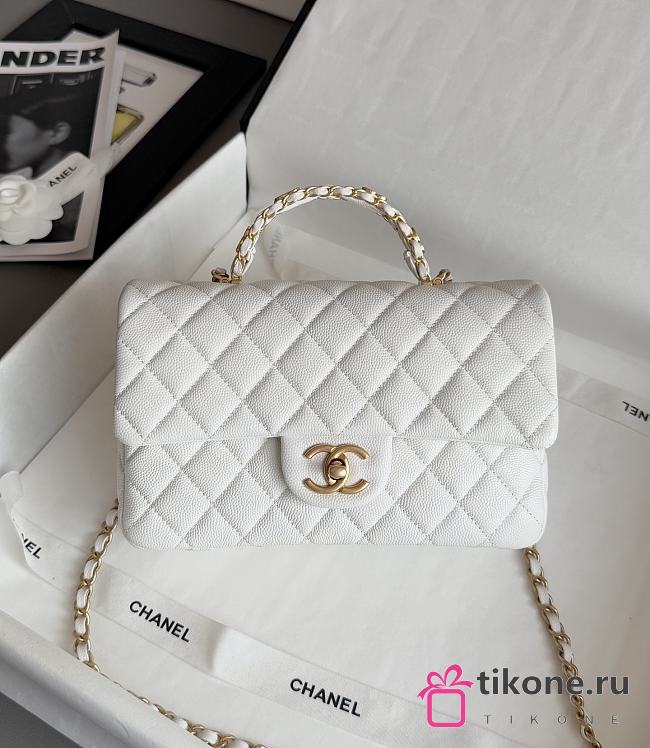 Chanel Small Flap Bag with Top Handle Grained Shiny Calfskin & Gold Tone Metal White - 22.5x13.5x6cm - 1