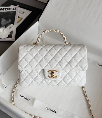 Chanel Small Flap Bag with Top Handle Grained Shiny Calfskin & Gold Tone Metal White - 22.5x13.5x6cm