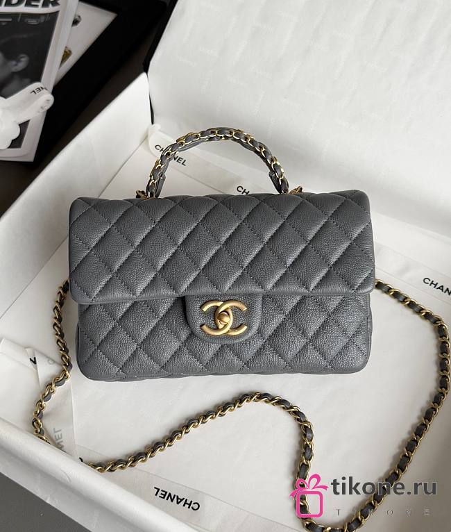 Chanel Small Flap Bag with Top Handle Grained Shiny Calfskin & Gold Tone Metal Gray - 22.5x13.5x6cm - 1