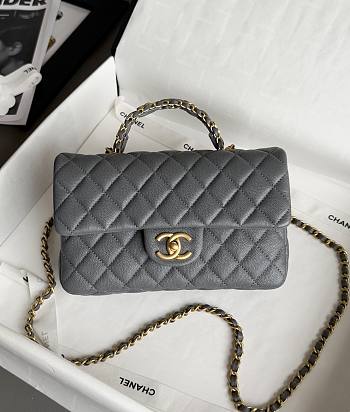 Chanel Small Flap Bag with Top Handle Grained Shiny Calfskin & Gold Tone Metal Gray - 22.5x13.5x6cm
