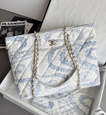 Chanel Shopping Bag Printed Denim & Gold Tone Metal Blue & White -  37x28.5x13cm