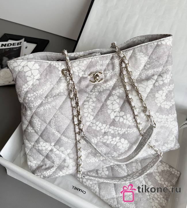 Chanel Shopping Bag Printed Denim & Gold Tone Metal Gray & White -  37x28.5x13cm - 1