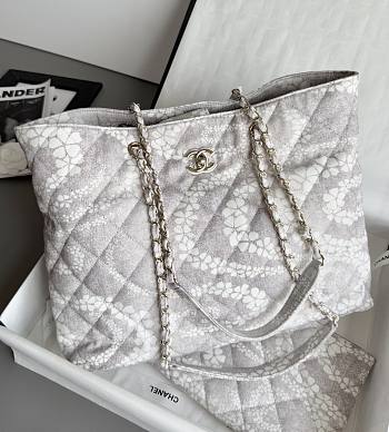 Chanel Shopping Bag Printed Denim & Gold Tone Metal Gray & White -  37x28.5x13cm