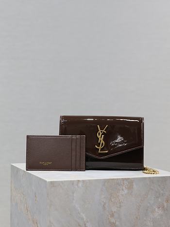 YSL Uptown Patent Leather Wallet On Chain Brown - 19x12x4cm
