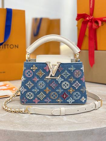 LV Capucines Mini Denim Gots Certified Cotton Beads Lurex Threads And Metallic Pieces Blue/Cream M12947 - 21x13.6x8cm