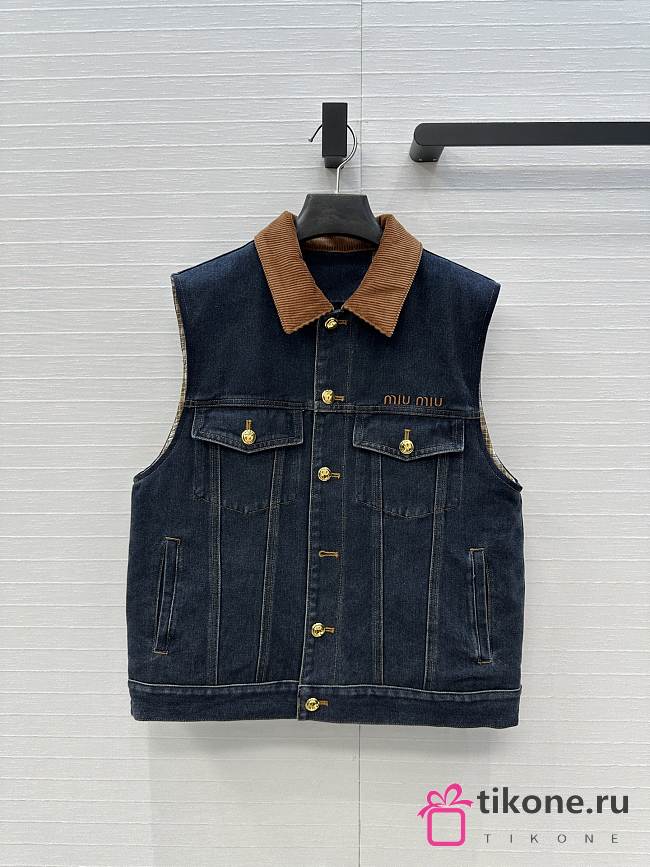 Miumiu Navy Flocked Denim And Velvet Trucker Vest  - 1
