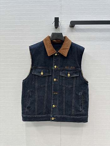 Miumiu Navy Flocked Denim And Velvet Trucker Vest 