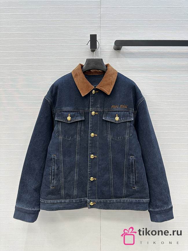 Miumiu Navy Flocked Denim And Velvet Blouson Jacket  - 1