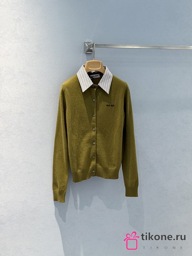 Cashmere Cardigan With Collar Fern Green/Cocoa Brown - 1