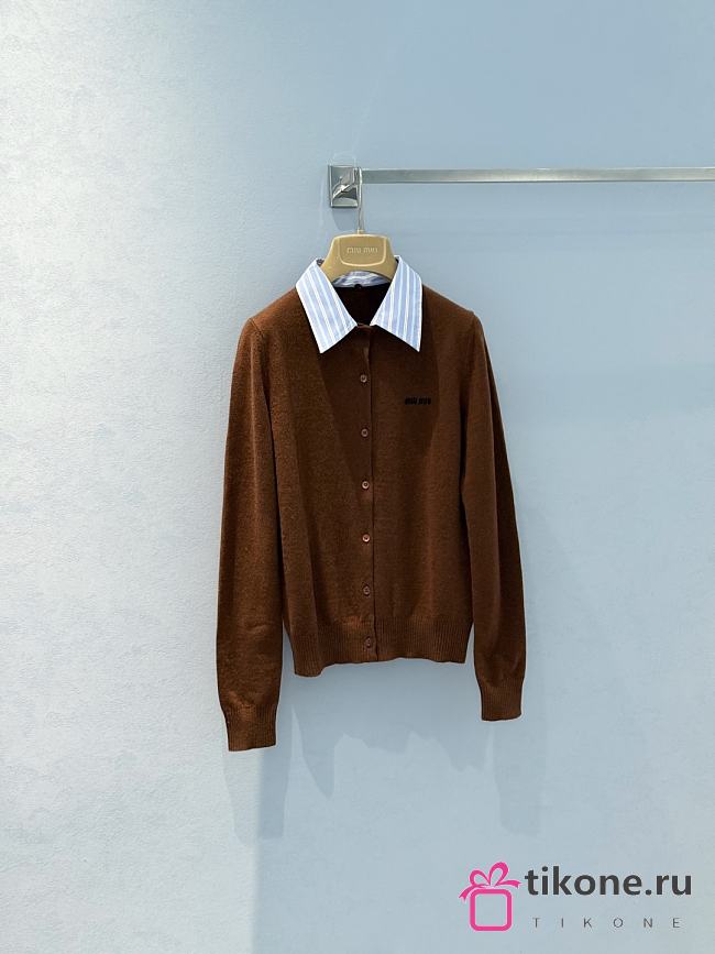 Cashmere Cardigan With Collar Tobacco/Celeste - 1