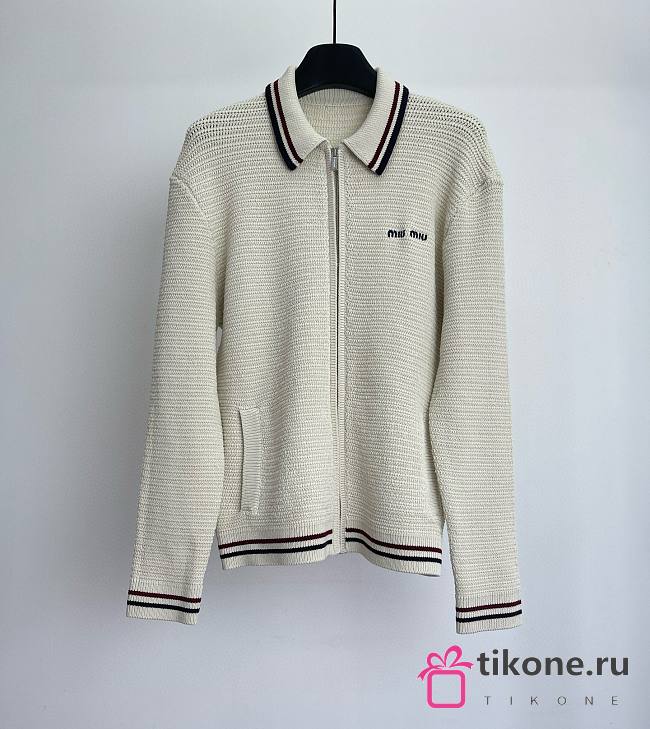 Miumiu Cotton Knit Zipper Cardigan Natural  - 1