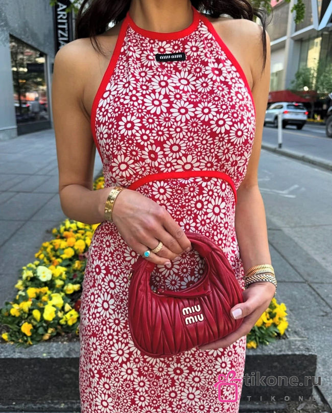 Miumiu Long Floral Print Crepe De Chine Dress Red/White  - 1