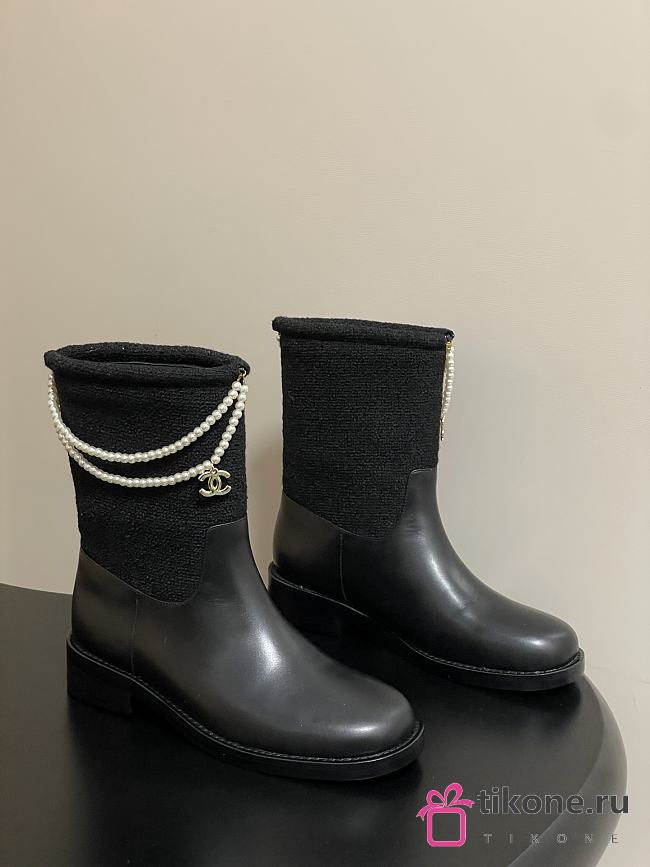 Chanel Tweed & Leather Short Boots With Pearls Black - 1