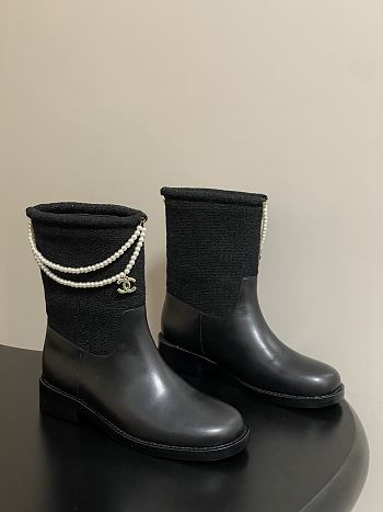 Chanel Tweed & Leather Short Boots With Pearls Black