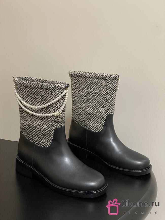 Chanel Tweed & Leather Short Boots With Pearls  - 1
