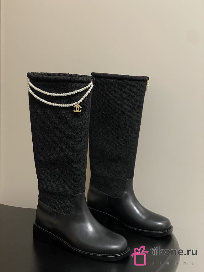 Chanel Tweed & Leather Hight Boots with Pearl Chain Black - 1