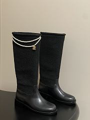 Chanel Tweed & Leather Hight Boots with Pearl Chain Black - 1
