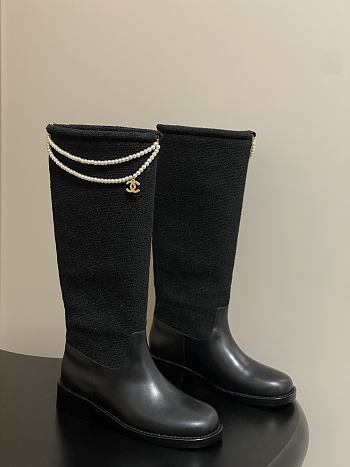 Chanel Tweed & Leather Hight Boots with Pearl Chain Black