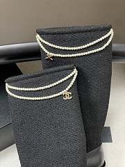 Chanel Tweed & Leather Hight Boots with Pearl Chain Black - 6