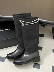 Chanel Tweed & Leather Hight Boots with Pearl Chain Black - 2