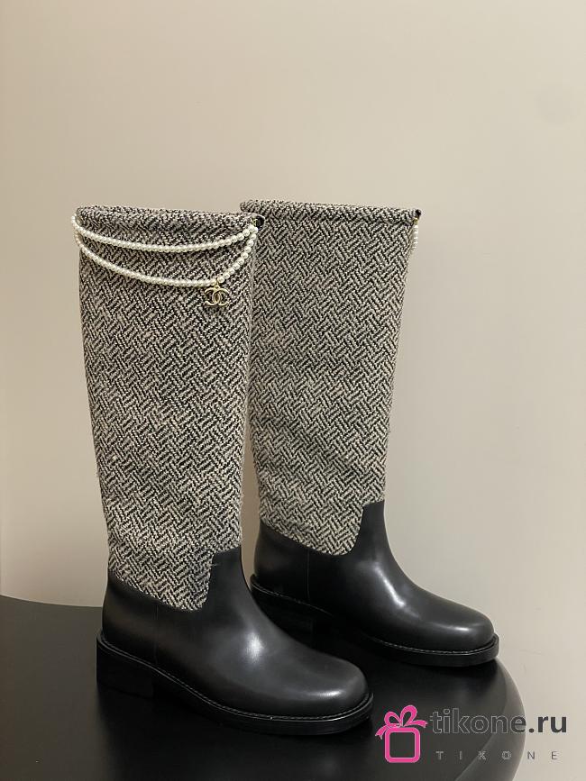 Chanel Tweed & Leather Hight Boots with Pearl Chain  - 1