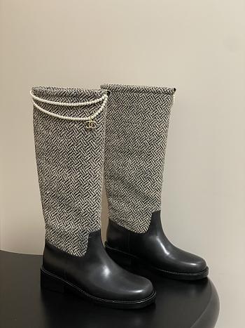 Chanel Tweed & Leather Hight Boots with Pearl Chain 
