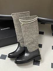 Chanel Tweed & Leather Hight Boots with Pearl Chain  - 4