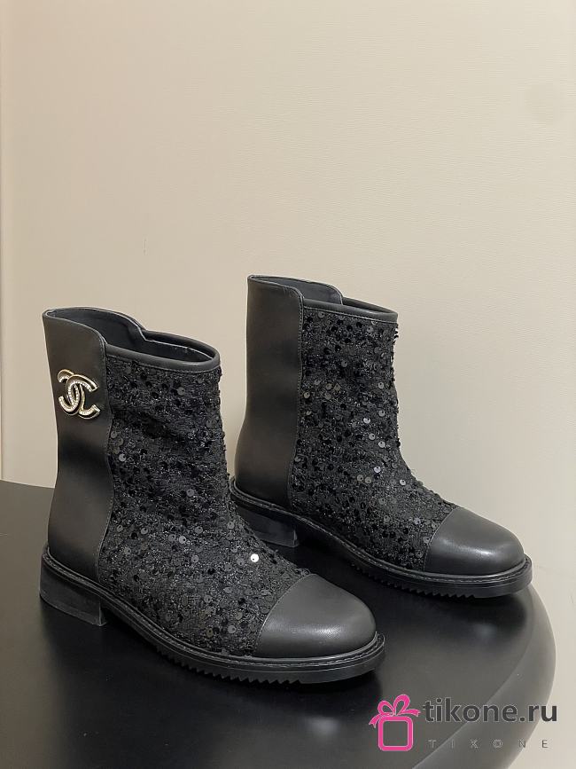 Chanel Sequins & Calfskin Short Boots Black - 1