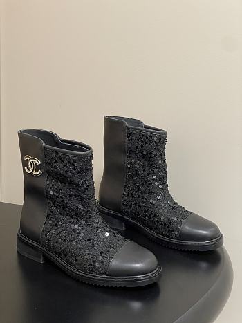 Chanel Sequins & Calfskin Short Boots Black
